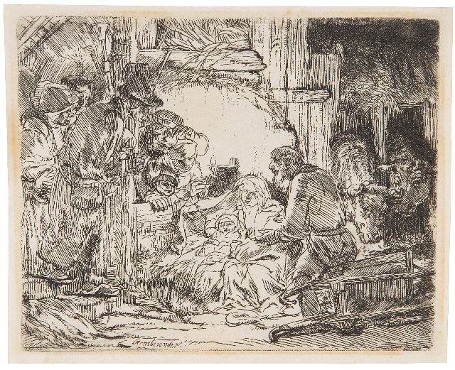 Rembrandt | The adoration of the shepherds, etching, 11.0 x 13.4 cm, gesigneerd l. v.h. m.