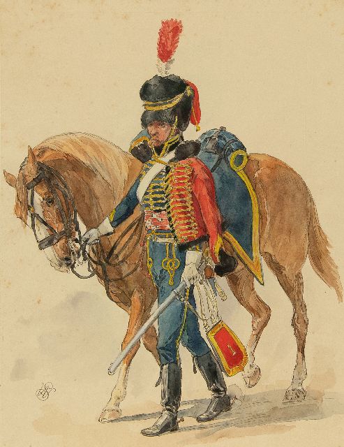 Willem Constantijn Staring | Dragoon next to his horse, ink and watercolour on paper, 29.5 x 22.6 cm, signed l.l. with monogram