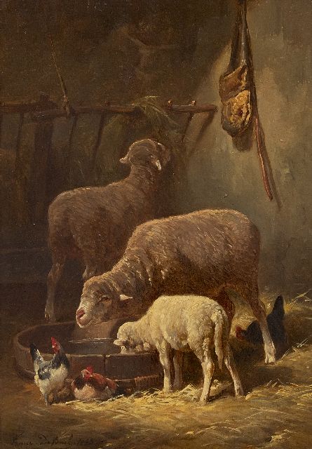 Frans de Beul | Sheep in the stable, oil on panel, 34.3 x 23.2 cm, signed l.l. and dated 1883