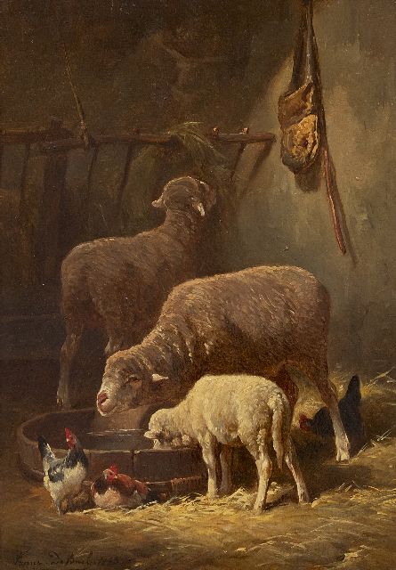 Frans de Beul | Sheep in the stable, oil on panel, 34.3 x 23.2 cm, signed l.l. and dated 1883