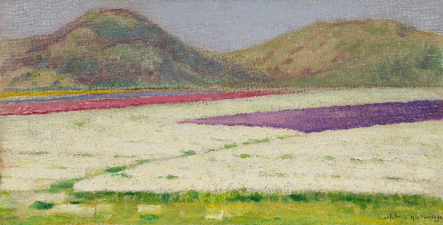 Albert Lefebvre | Bulb fields near Noordwijk, oil on canvas, 32.7 x 62.3 cm, signed l.r. and dated 1918