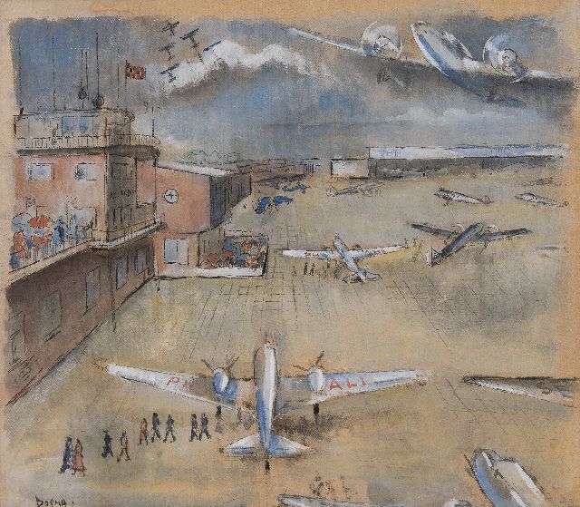 Bosma W.  | Airport Schiphol with the KLM Douglas DC-3 'Ibis', chalk and gouache on cardboard 54.4 x 62.0 cm, signed l.l. and executed late 30s