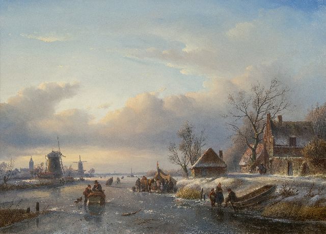 Spohler J.J.  | Ice scene with skaters, sleds and a 'koek-en-zopie', oil on canvas 59.7 x 82.2 cm