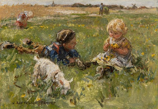 Jan Zoetelief Tromp | Picking flowers near Blaricum, oil on panel, 18.9 x 26.6 cm, signed l.l.