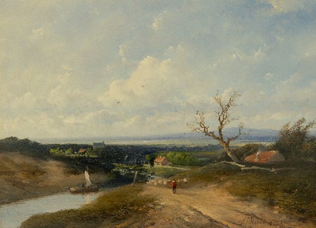 Antonius Josephus Madlener | An extensive river landscape with a shepherd and flock, oil on panel, 21.7 x 29.7 cm, signed l.r. and dated '54