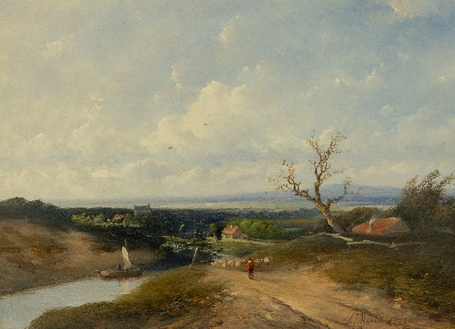 Madlener A.J.  | An extensive river landscape with a shepherd and flock, oil on panel 21.7 x 29.7 cm, signed l.r. and dated '54