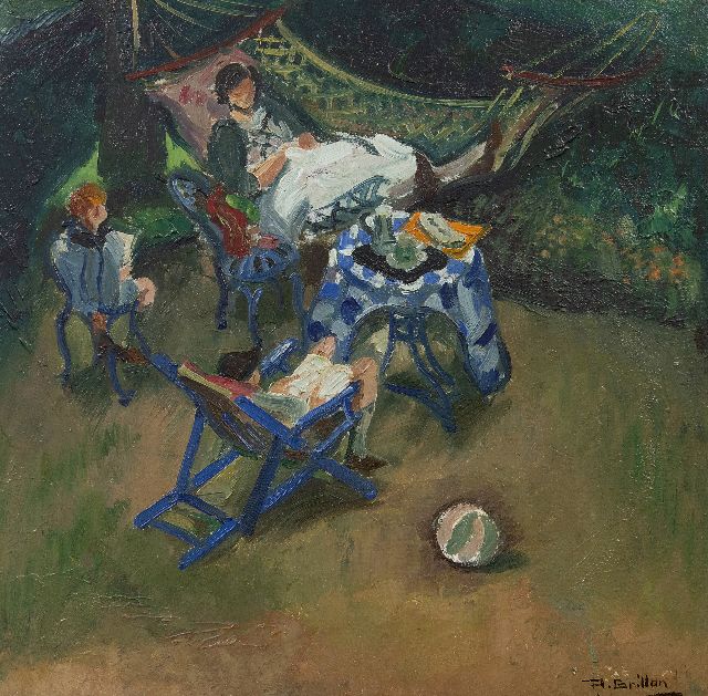 Grillon R.M.  | The family of the artist in the garden, oil on board 40.8 x 41.0 cm, signed l.r. and painted ca. 1900