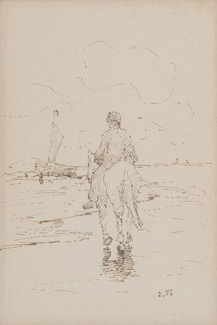 Evert Pieters | Lineman on a horse on the beach, ink on paper, 31.9 x 21.7 cm, signed l.r. with initials