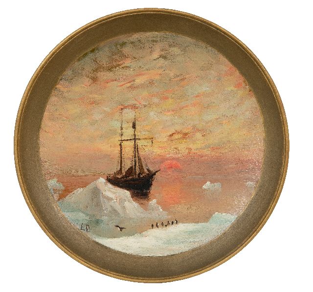 Apol L.F.H.  | The Willem Barentsz on Nova Zembla at sunset, oil on ceramic, signed l.l. with initials