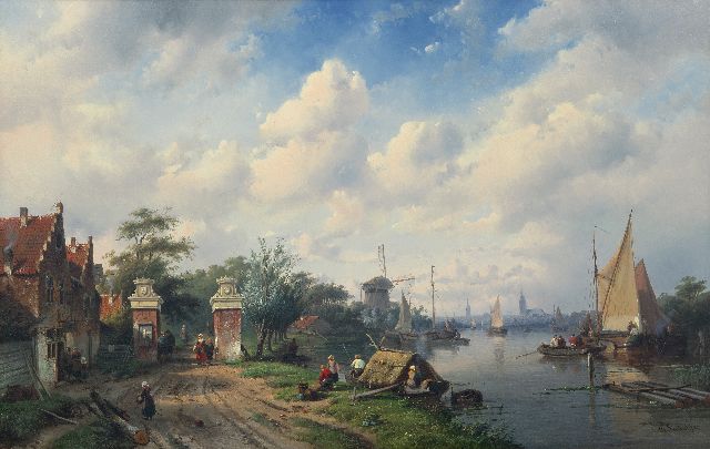 Leickert C.H.J.  | Sunny river scene with tollgate in Oegstgeest, oil on panel 65.4 x 103.0 cm, signed l.r. and dated '53