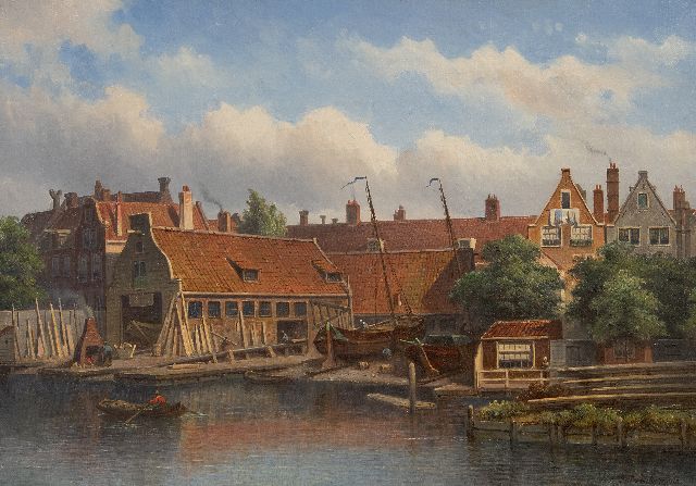 Hilverdink E.A.  | Shipyard 'Het Jagt' in Amsterdam, oil on canvas 35.0 x 50.2 cm, signed l.r.