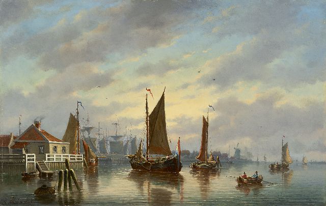 Johannes Hilverdink | Sailing vessels near a harbour entrance, oil on panel, 39.3 x 61.5 cm, signed l.l.