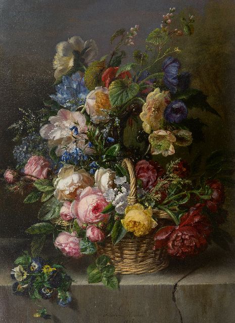 Haanen A.J.  | Mixed flowers in basket on stone ledge, oil on canvas 73.5 x 53.7 cm, signed l.c. and dated 1857