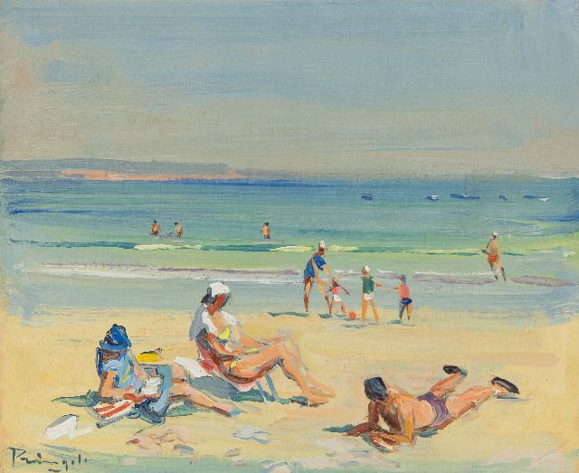 Léon Pringels | A summer beach day, oil on panel, 21.9 x 26.8 cm, signed l.l.