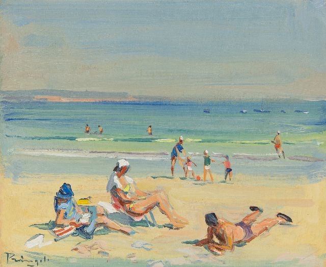 Pringels L.  | A summer beach day, oil on panel 21.9 x 26.8 cm, signed l.l.