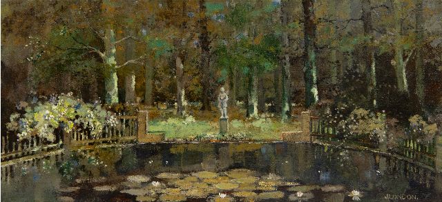 Jacob London | The garden behind the artist's house in Hilversum, oil on canvas, 25.0 x 52.6 cm, signed l.r.