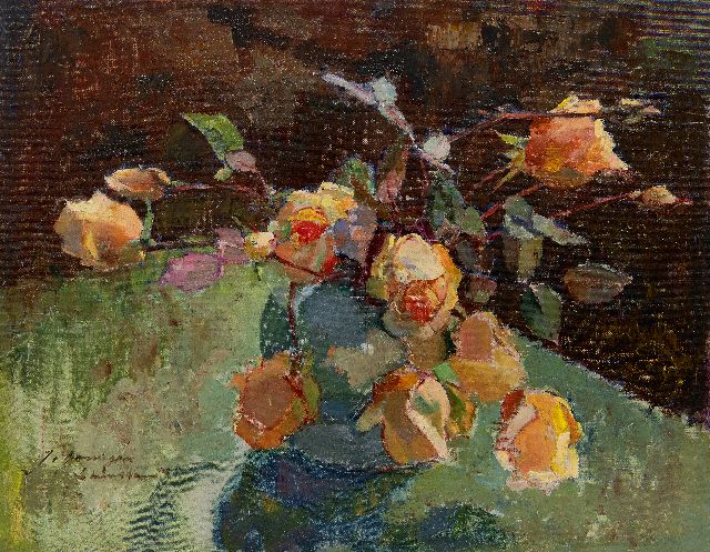 Groningen-Laurillard J.A.G. van | Flower stilllife with yellow roses, oil on canvas laid down on panel 39.7 x 49.9 cm, signed l.l.