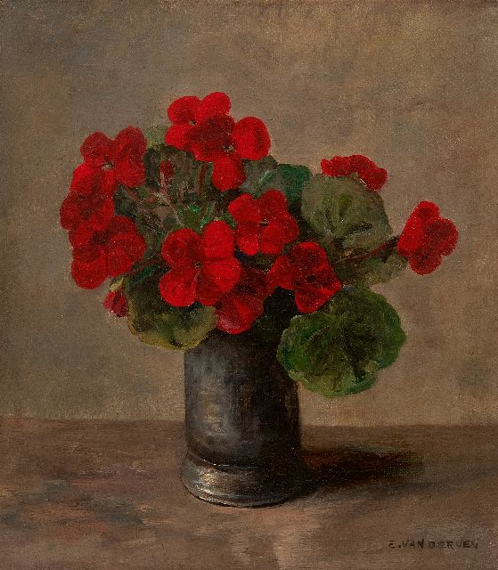 Manus van der Ven | Pewter vase with geranium branches, oil on canvas, 32.6 x 29.1 cm, signed l.r. and without frame