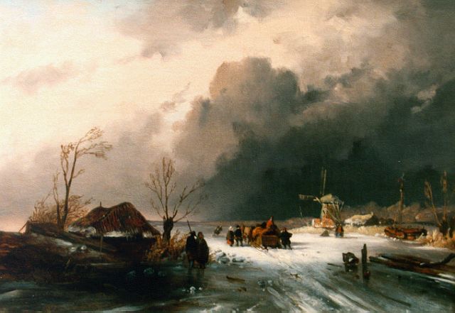 Leickert C.H.J.  | Winter landscape with skaters on the ice, oil on canvas 32.5 x 46.0 cm, signed l.l. with monogram