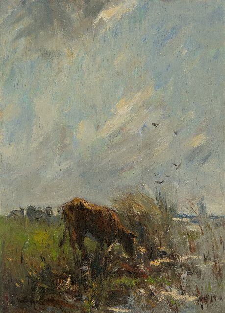Willem Maris | Grazing cows by the water, oil on panel, 38.0 x 27.2 cm, signed l.l.
