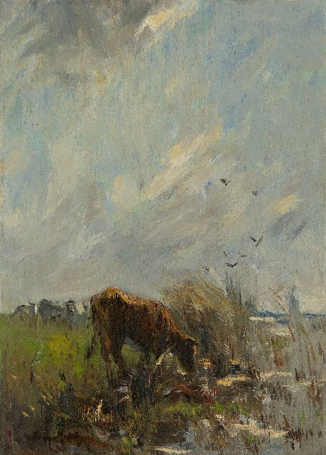 Maris W.  | Grazing cows by the water, oil on panel 38.0 x 27.2 cm, signed l.l.