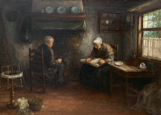 Jong J. de | Bible reading, oil on canvas 60.2 x 80.3 cm, signed l.r.