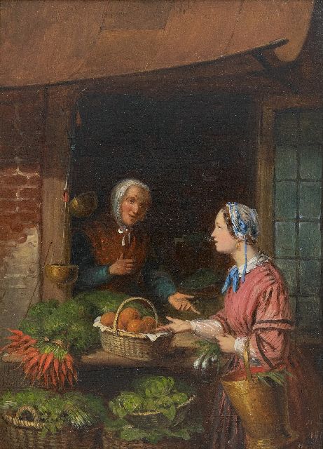 Scheerboom A.  | The vegetable seller, oil on panel 34.4 x 25.9 cm, signed l.r. with initials and dated 1861