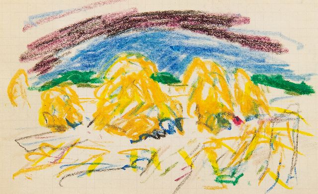 Jan Altink | Landscape with haystacks, chalk on paper, 10.5 x 16.5 cm, signed l.r. with initials and verkocht