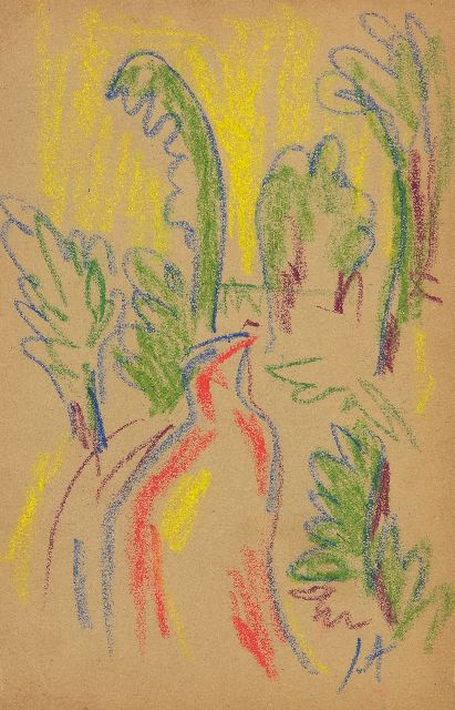 Altink J.  | Landscape with red road-, chalk on paper 17.4 x 11.3 cm, signed l.r. with initials