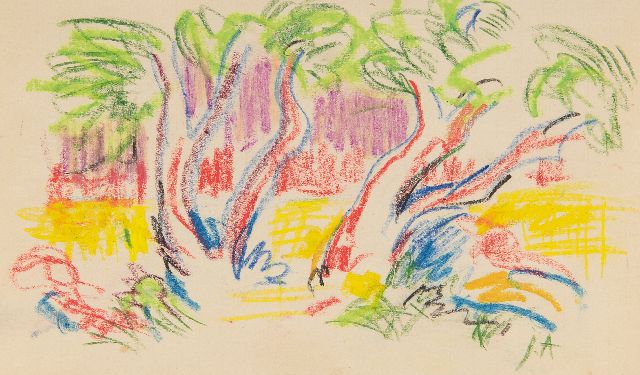 Jan Altink | View between trees, chalk on paper, 12.6 x 20.1 cm, signed l.r. with initials