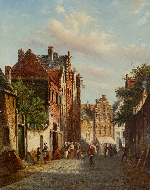 Johannes Franciscus Spohler | Daily activities in a sunlit street, oil on canvas, 44.3 x 35.3 cm, signed l.r.