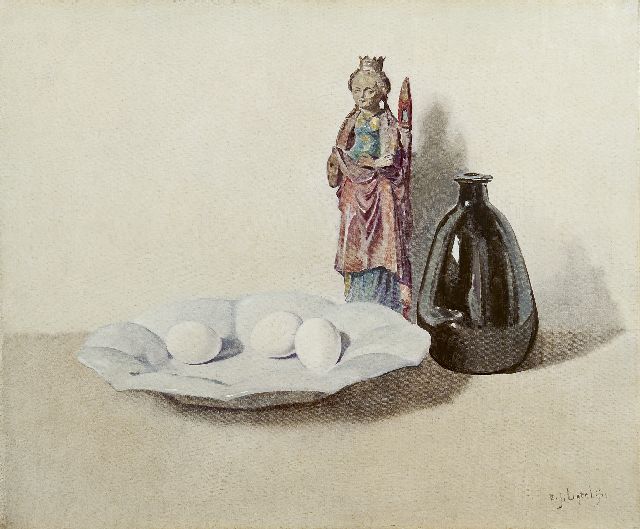 Ligtelijn E.J.  | A still life with eggs, sculpture and a vase, oil on canvas 50.2 x 60.0 cm, signed l.r.