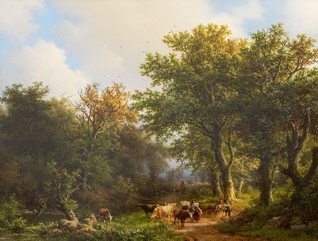 Koekkoek B.C.  | Forest view with cattle, oil on panel 69.1 x 90.2 cm, signed l.r. and dated 1853