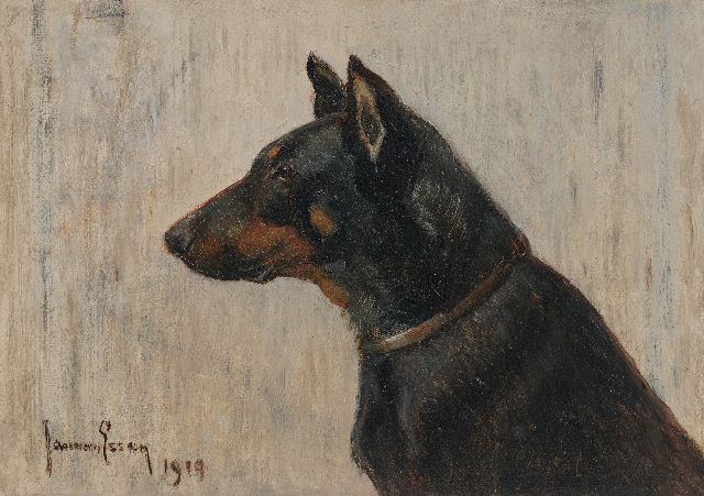 Jan van Essen | Portrait of a German pinscher, oil on canvas laid down on board, 15.7 x 21.5 cm, signed l.l. and dated 1919