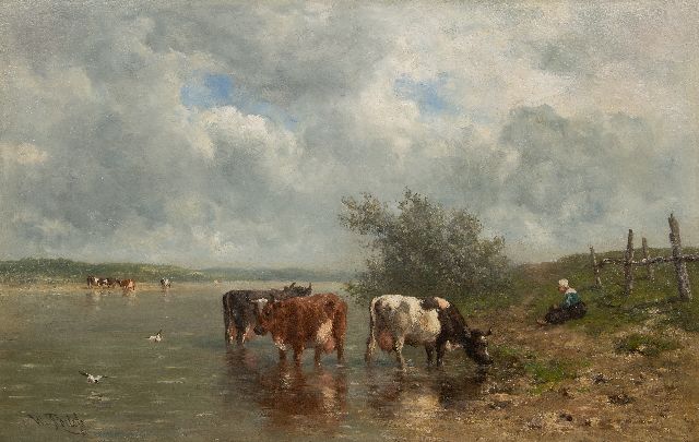 Willem Roelofs | River landscape with drinking cows, oil on canvas, 69.1 x 106.9 cm, signed l.l.