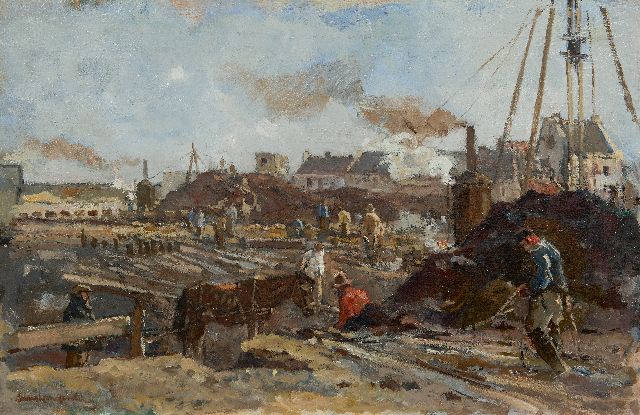 Frans Langeveld | Construction site with steam pild drivers, oil on canvas, 47.1 x 71.4 cm, signed l.l.