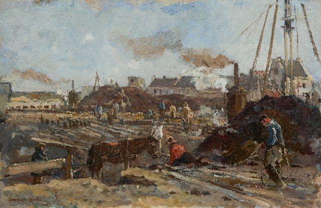 Langeveld F.A.  | Construction site with steam pild drivers, oil on canvas 47.1 x 71.4 cm, signed l.l.