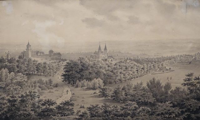 Onbekend 19e eeuw  | Panoramic view of the German city of Kleve with the Swan Castle and the Stiftskirche, ink on paper 23.0 x 28.0 cm