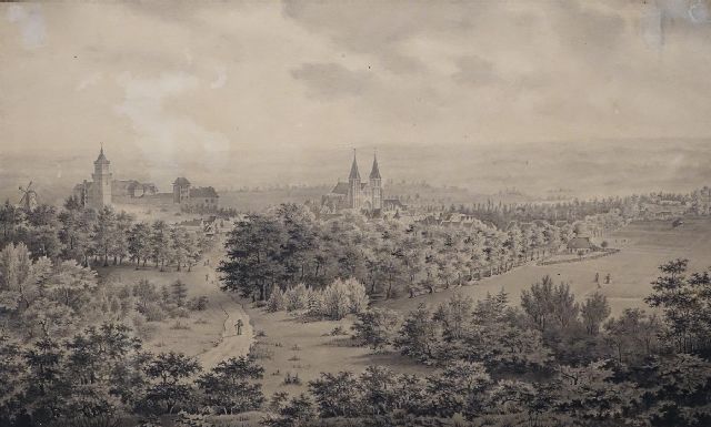 Hollandse School, 19e eeuw | Panoramic view of the German city of Kleve with the Swan Castle and the Stiftskirche, ink on paper, 23.1 x 38.2 cm, signed l.r. and dated 1842