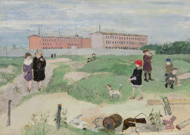 Kamerlingh Onnes H.H.  | Walking the dog, Scheveningen, oil on canvas 44.4 x 62.3 cm, signed l.r. with initials and dated '27