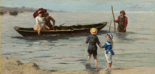 Johannes Marius ten Kate | Before the boat ride, oil on panel, 33.9 x 69.7 cm, signed l.l.