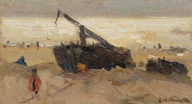 Morgenstjerne Munthe | Fishing barge on the beach, oil on panel, 12.4 x 22.4 cm, signed l.r.