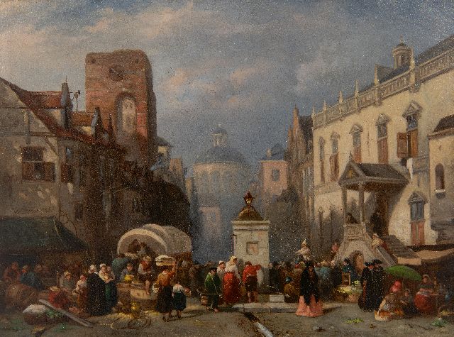 Willem Maxiliaan van Heun | A busy day at the market, oil on panel, 20.6 x 27.8 cm, signed c.l. and dated 1860