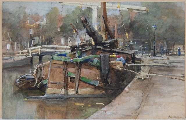 Jan Hillebrand Wijsmuller | Moored tjalk at the quay, watercolour on paper, 33.5 x 51.0 cm, signed l.r.