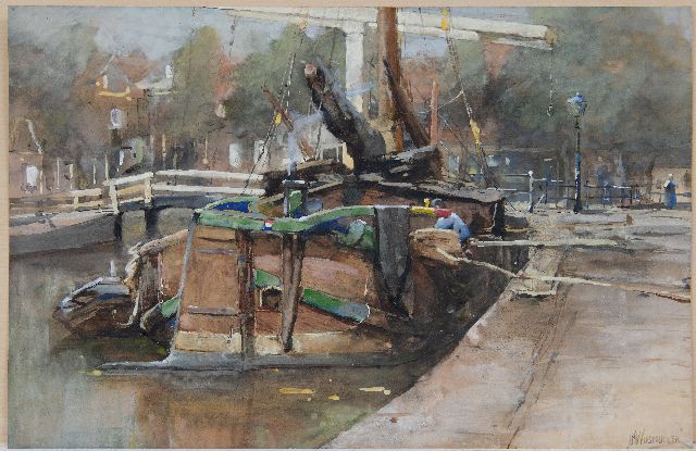 Wijsmuller J.H.  | Moored tjalk at the quay, watercolour on paper 33.5 x 51.0 cm, signed l.r.