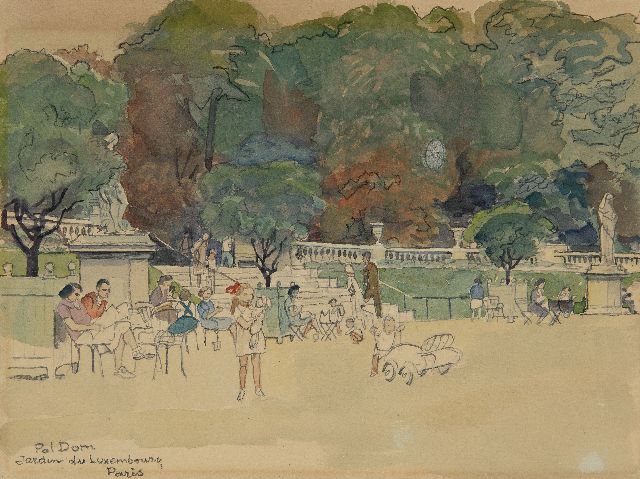 Pol Dom | Jardin du Luxembourg in Paris, pencil, chalk and watercolour on paper, 20.2 x 27.0 cm, signed l.l.