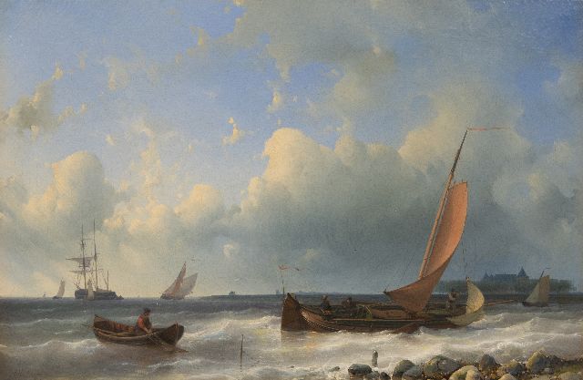 Abraham Hulk | Barge sailing along the coast, oil on canvas, 40.6 x 61.4 cm, signed l.l.