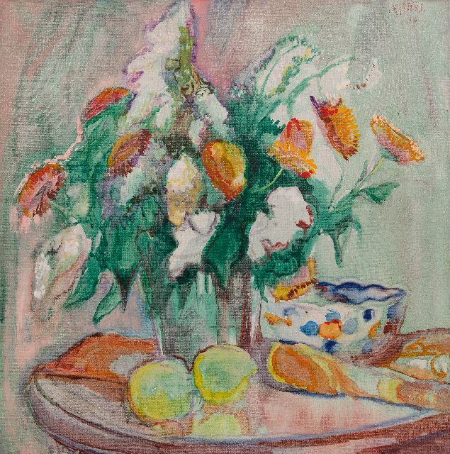 Martens G.G.  | Flower still life with lemons, benzinerel and wax paint on canvas 50.3 x 50.3 cm, signed u.r.