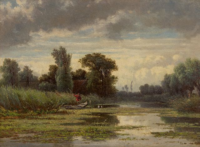 Willem Roelofs | Reed cutter along the Gein, oil on canvas, 32.4 x 44.1 cm, signed l.l.