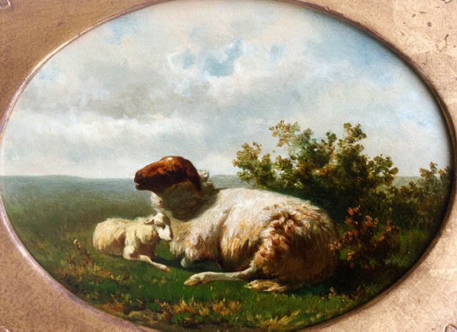 Haas J.H.L. de | Sheep and lamb (counterpart), oil on panel 18.0 x 25.4 cm, signed l.l. with monogram